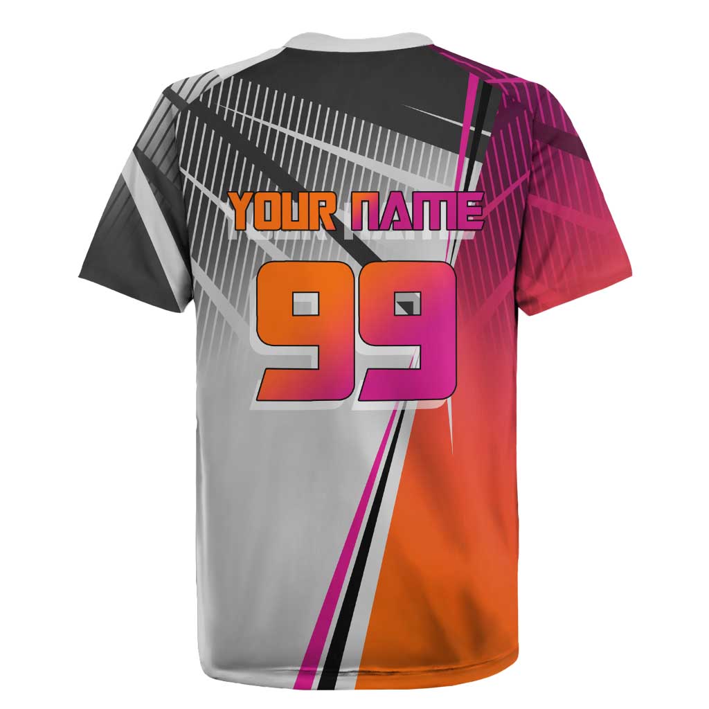 Personalized Nobara Kugisaki Jujutsu Kaisen Rugby Jersey with Pink Orange Gradient and Action Kick Pose