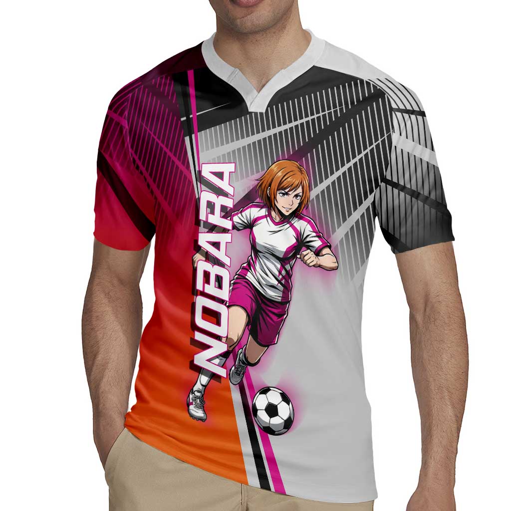 Personalized Nobara Kugisaki Jujutsu Kaisen Rugby Jersey with Pink Orange Gradient and Action Kick Pose
