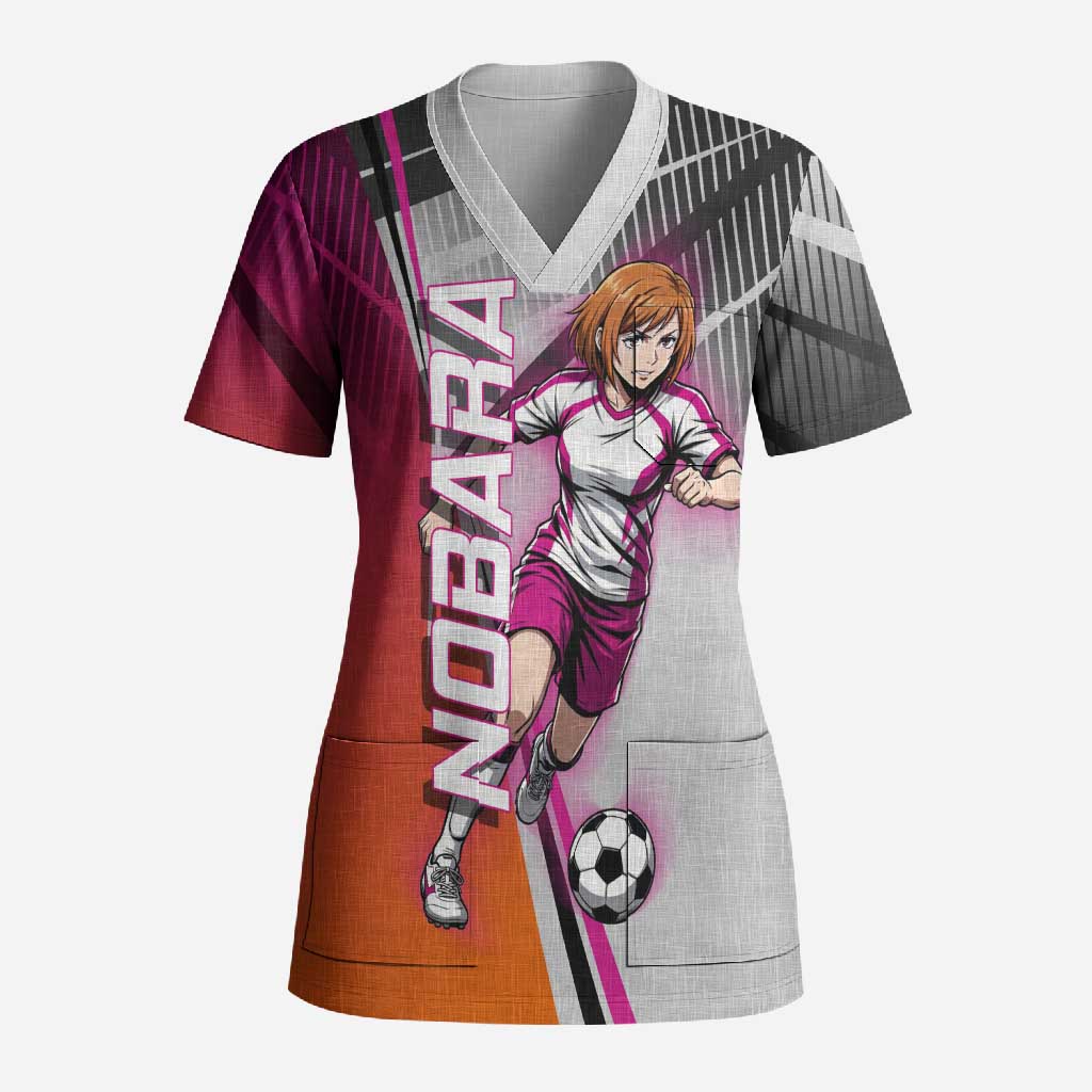 Personalized Nobara Kugisaki Jujutsu Kaisen Scrub Top with Pink Orange Gradient and Action Kick Pose