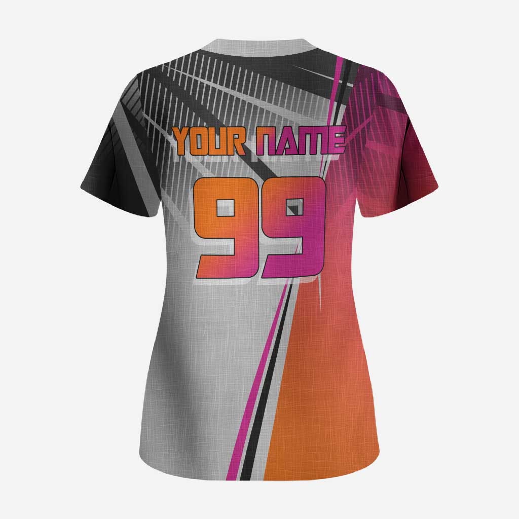 Personalized Nobara Kugisaki Jujutsu Kaisen Scrub Top with Pink Orange Gradient and Action Kick Pose