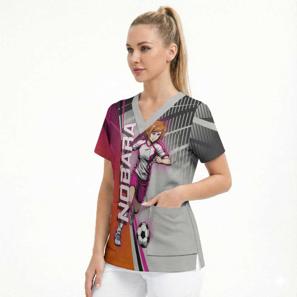 Personalized Nobara Kugisaki Jujutsu Kaisen Scrub Top with Pink Orange Gradient and Action Kick Pose
