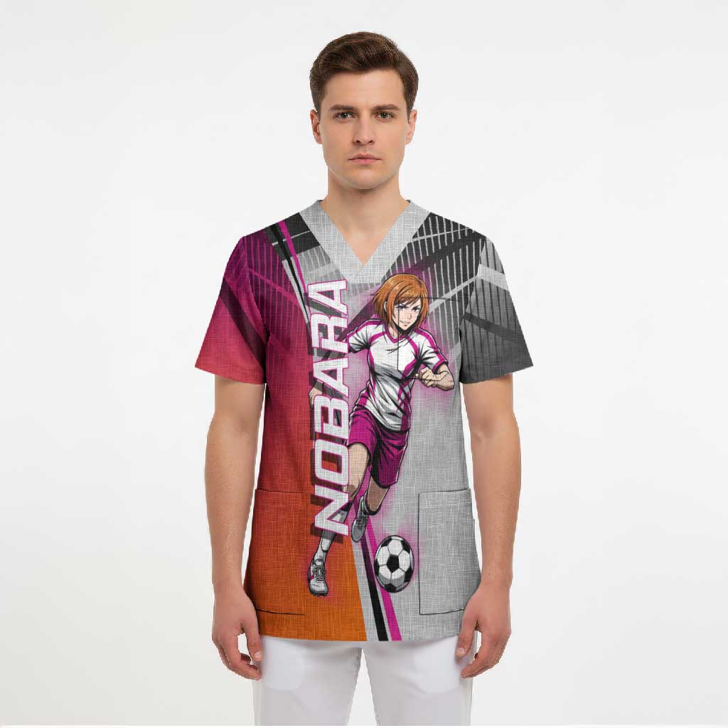 Personalized Nobara Kugisaki Jujutsu Kaisen Scrub Top with Pink Orange Gradient and Action Kick Pose