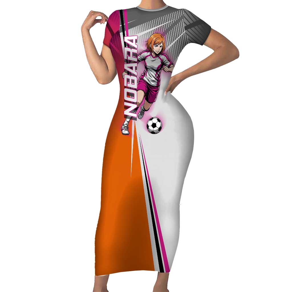 Personalized Nobara Kugisaki Jujutsu Kaisen Short Sleeve Bodycon Dress with Pink Orange Gradient and Action Kick Pose