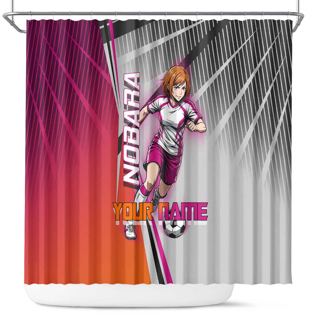 Personalized Nobara Kugisaki Jujutsu Kaisen Shower Curtain with Pink Orange Gradient and Action Kick Pose