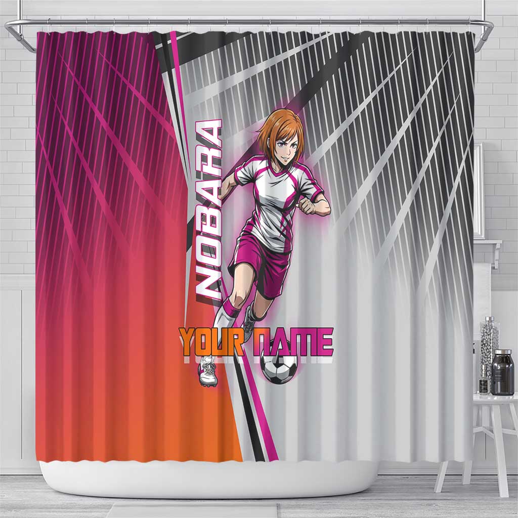 Personalized Nobara Kugisaki Jujutsu Kaisen Shower Curtain with Pink Orange Gradient and Action Kick Pose