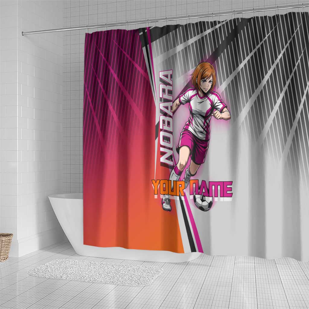 Personalized Nobara Kugisaki Jujutsu Kaisen Shower Curtain with Pink Orange Gradient and Action Kick Pose