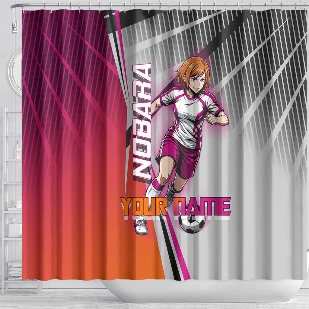 Personalized Nobara Kugisaki Jujutsu Kaisen Shower Curtain with Pink Orange Gradient and Action Kick Pose