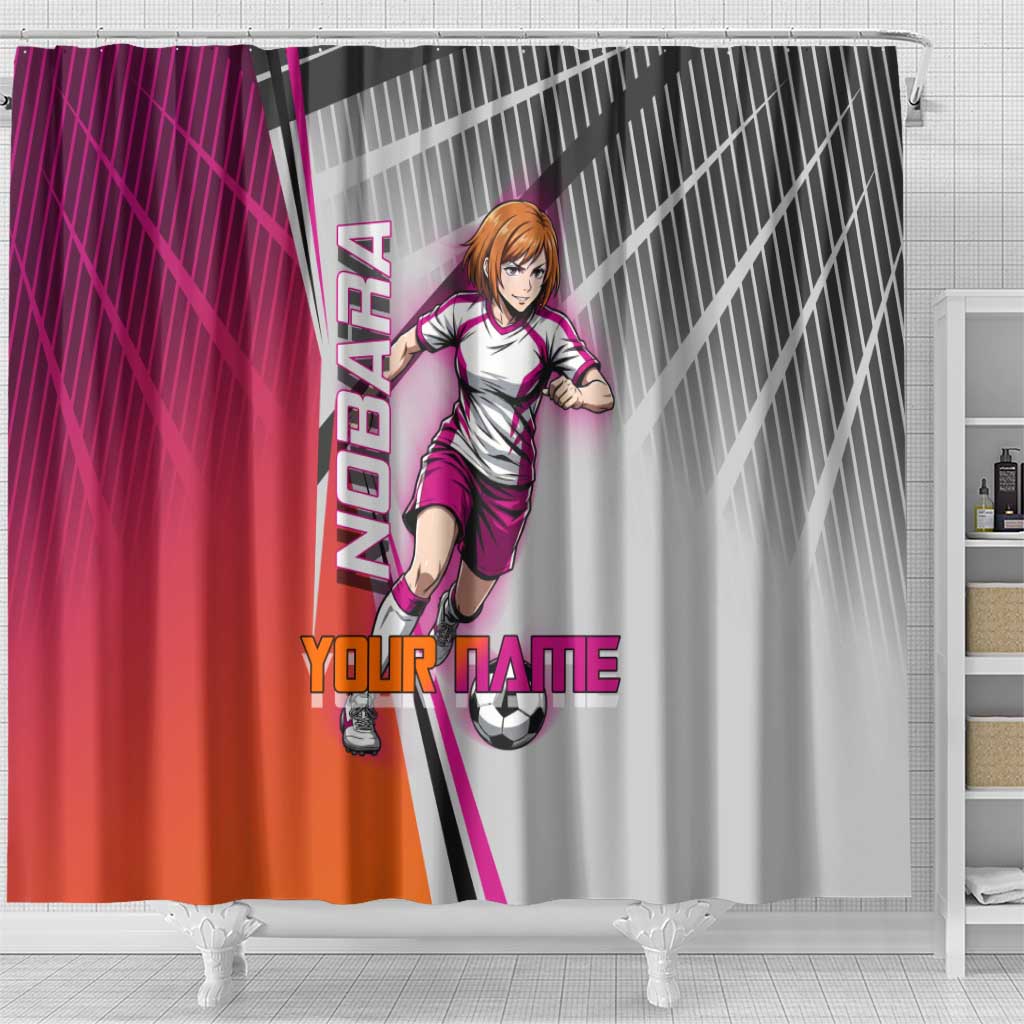Personalized Nobara Kugisaki Jujutsu Kaisen Shower Curtain with Pink Orange Gradient and Action Kick Pose