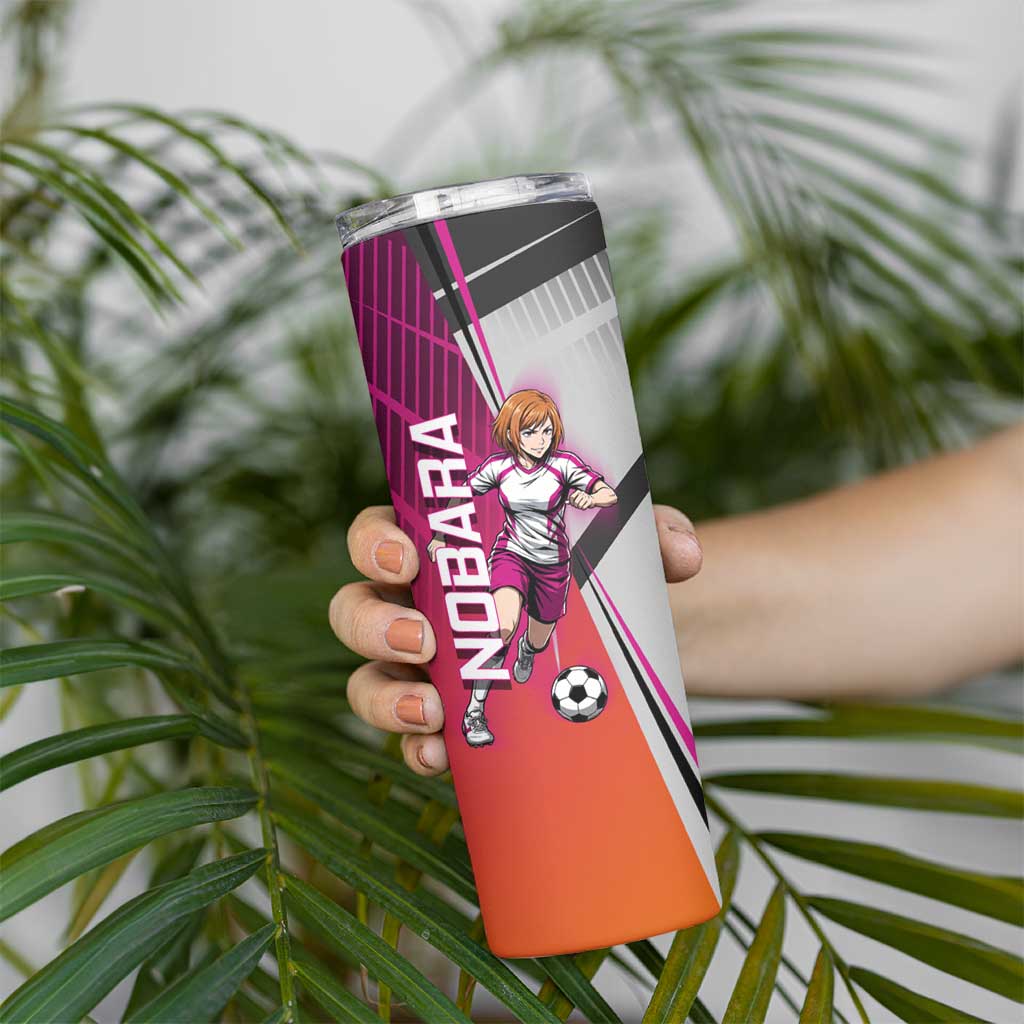 Personalized Nobara Kugisaki Jujutsu Kaisen Skinny Tumbler with Pink Orange Gradient and Action Kick Pose