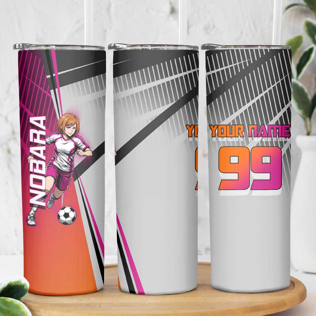 Personalized Nobara Kugisaki Jujutsu Kaisen Skinny Tumbler with Pink Orange Gradient and Action Kick Pose