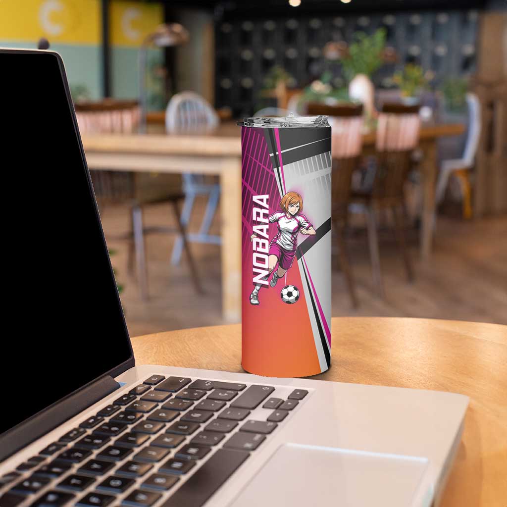 Personalized Nobara Kugisaki Jujutsu Kaisen Skinny Tumbler with Pink Orange Gradient and Action Kick Pose