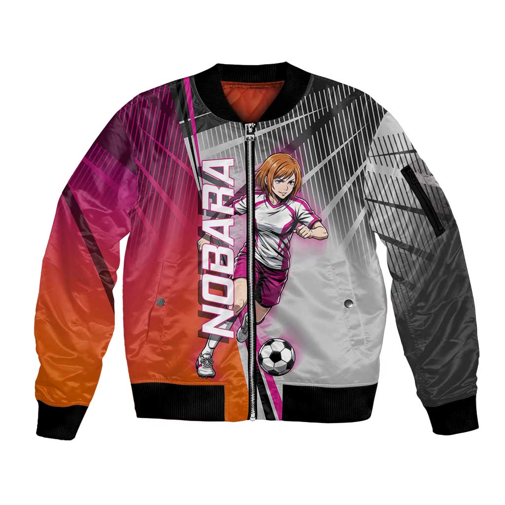 Personalized Nobara Kugisaki Jujutsu Kaisen Sleeve Zip Bomber Jacket with Pink Orange Gradient and Action Kick Pose