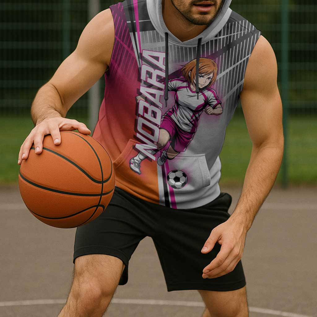 Personalized Nobara Kugisaki Jujutsu Kaisen Sleeveless Hoodie with Pink Orange Gradient and Action Kick Pose