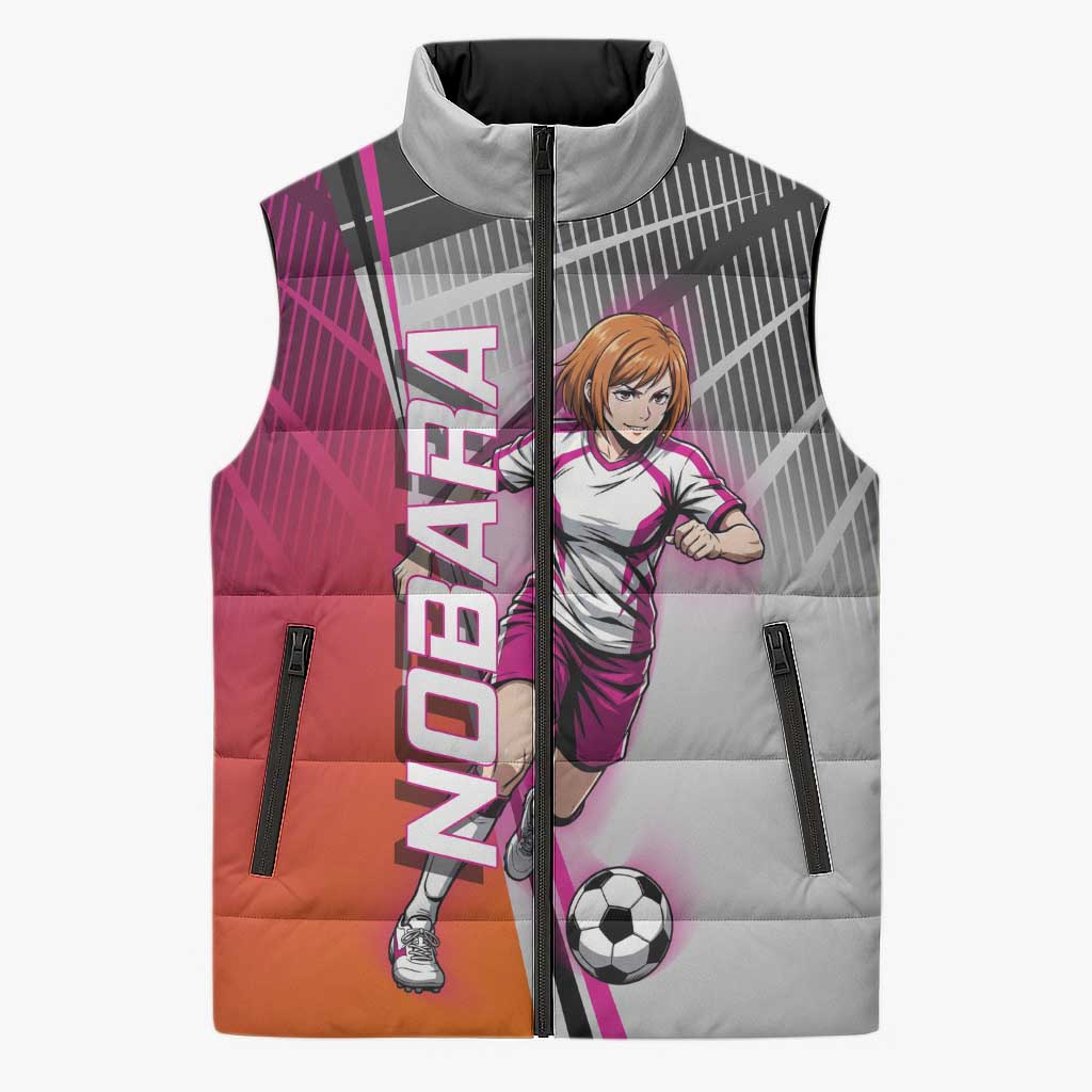 Personalized Nobara Kugisaki Jujutsu Kaisen Sleeveless Puffer Jacket with Pink Orange Gradient and Action Kick Pose