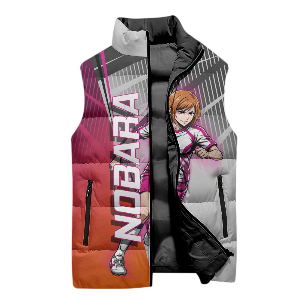 Personalized Nobara Kugisaki Jujutsu Kaisen Sleeveless Puffer Jacket with Pink Orange Gradient and Action Kick Pose