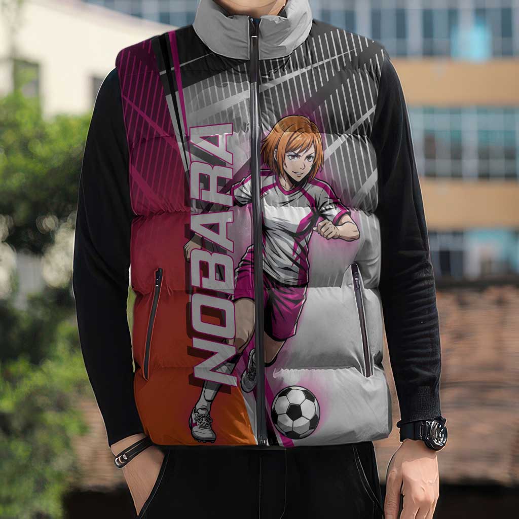 Personalized Nobara Kugisaki Jujutsu Kaisen Sleeveless Puffer Jacket with Pink Orange Gradient and Action Kick Pose