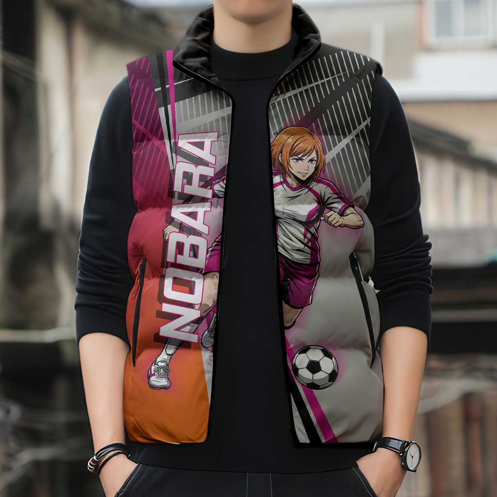 Personalized Nobara Kugisaki Jujutsu Kaisen Sleeveless Puffer Jacket with Pink Orange Gradient and Action Kick Pose