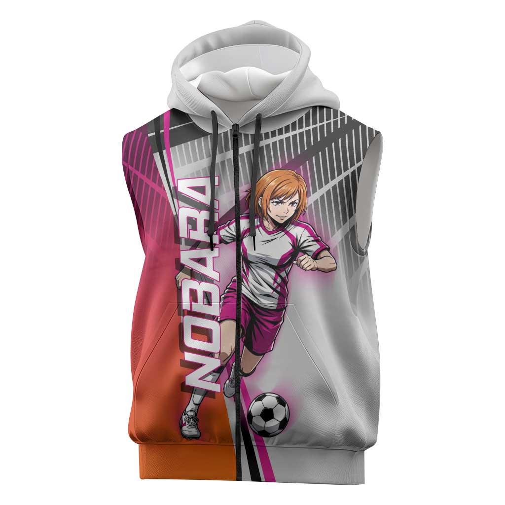 Personalized Nobara Kugisaki Jujutsu Kaisen Sleeveless Zip Hoodie with Pink Orange Gradient and Action Kick Pose