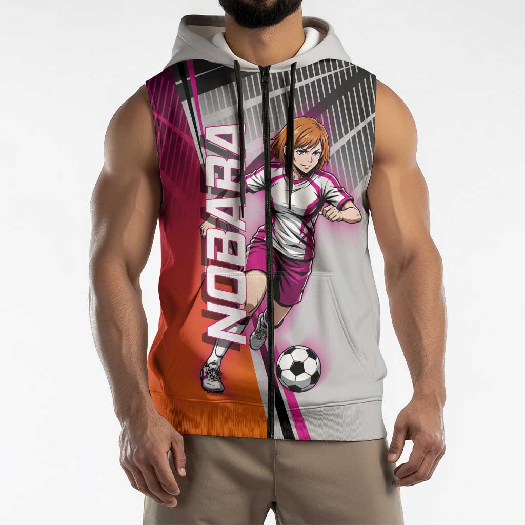 Personalized Nobara Kugisaki Jujutsu Kaisen Sleeveless Zip Hoodie with Pink Orange Gradient and Action Kick Pose