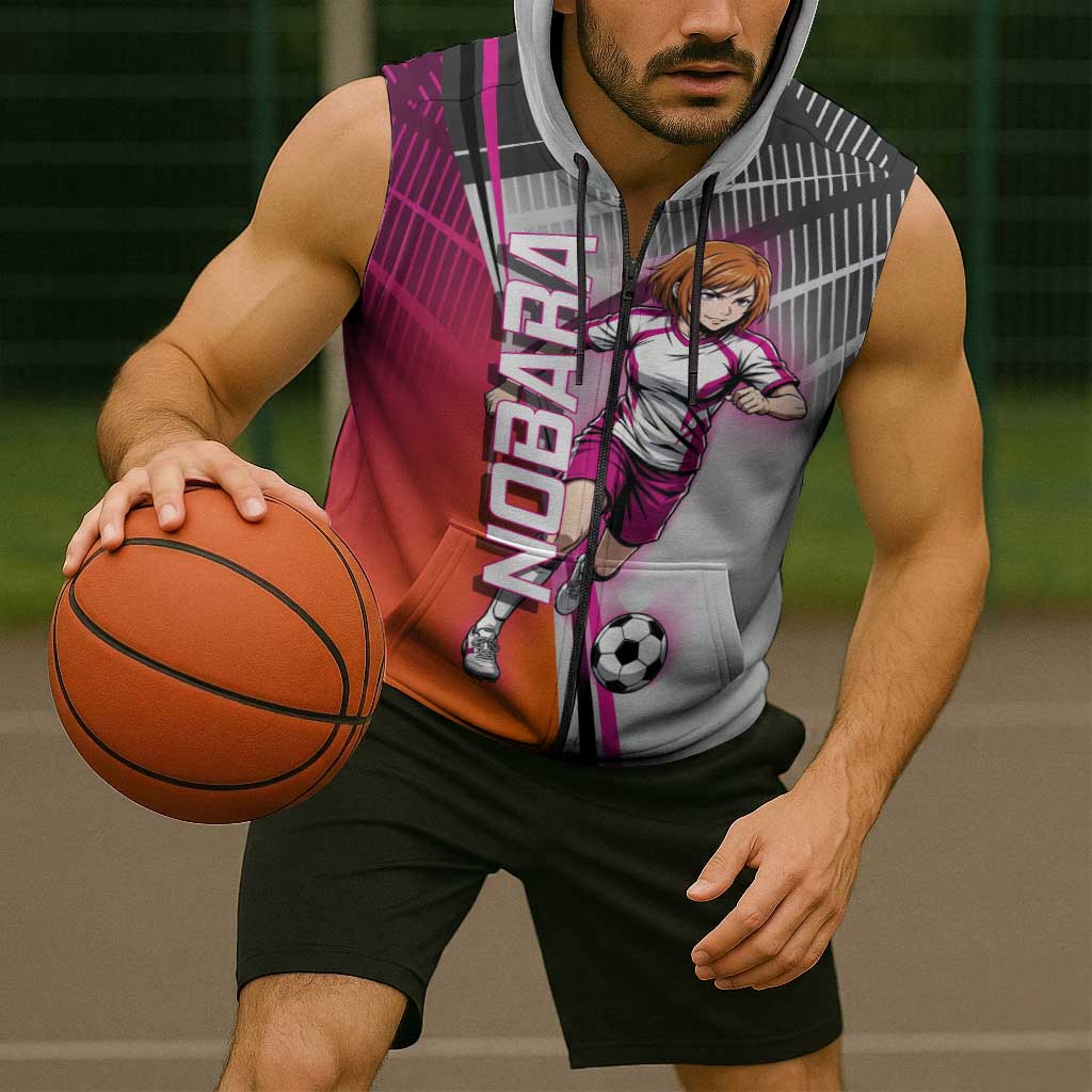 Personalized Nobara Kugisaki Jujutsu Kaisen Sleeveless Zip Hoodie with Pink Orange Gradient and Action Kick Pose