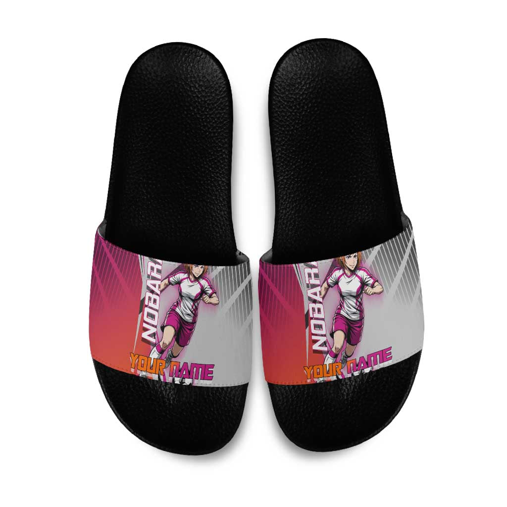 Personalized Nobara Kugisaki Jujutsu Kaisen Slide Sandals with Pink Orange Gradient and Action Kick Pose