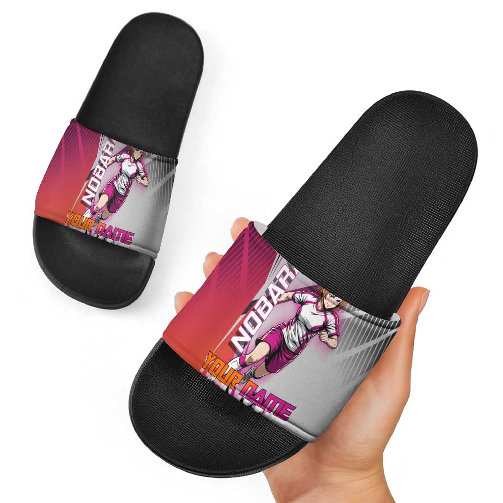Personalized Nobara Kugisaki Jujutsu Kaisen Slide Sandals with Pink Orange Gradient and Action Kick Pose