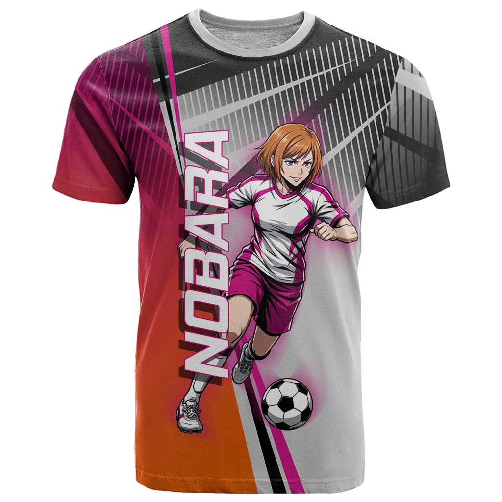 Personalized Nobara Kugisaki Jujutsu Kaisen T Shirt with Pink Orange Gradient and Action Kick Pose