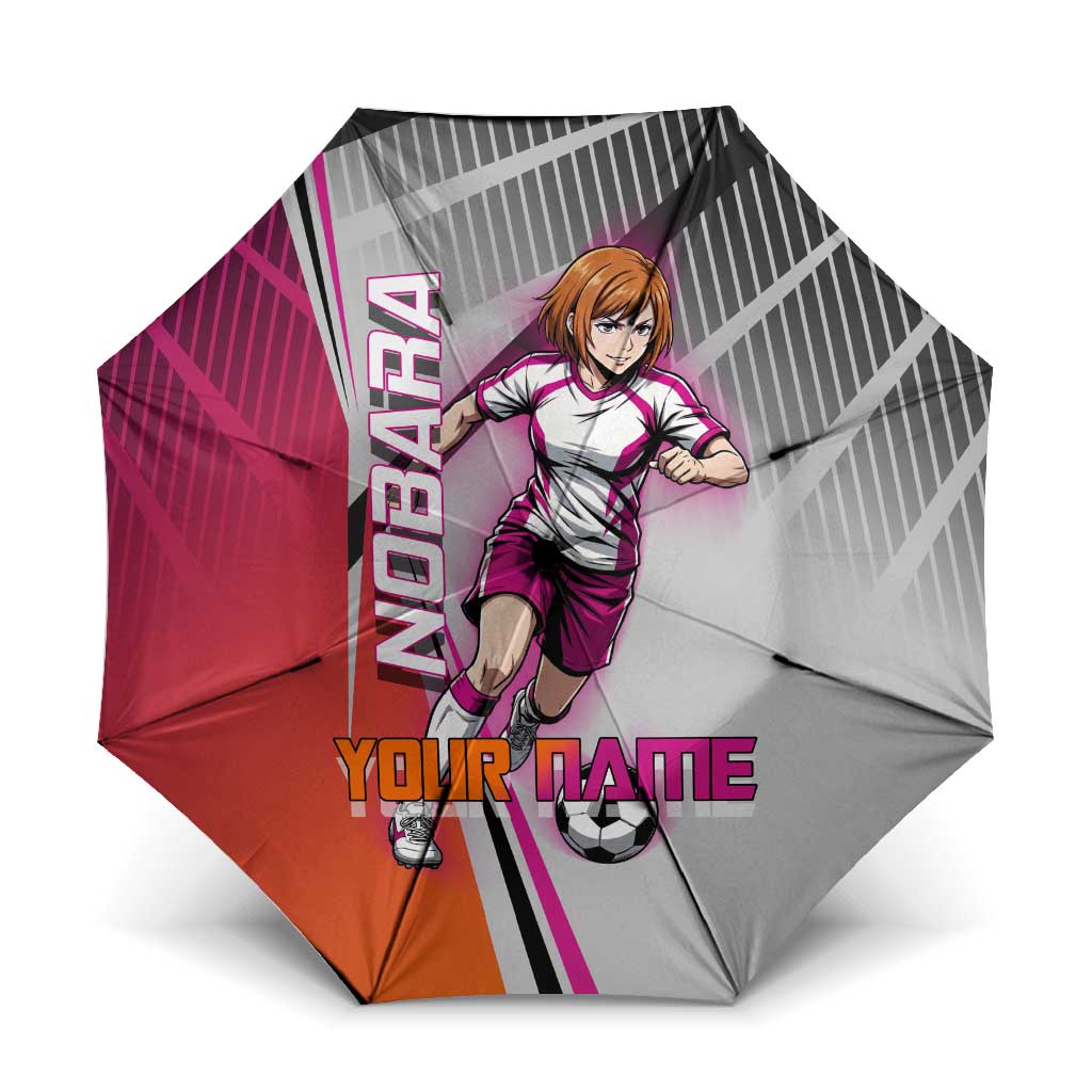 Personalized Nobara Kugisaki Jujutsu Kaisen Umbrella with Pink Orange Gradient and Action Kick Pose