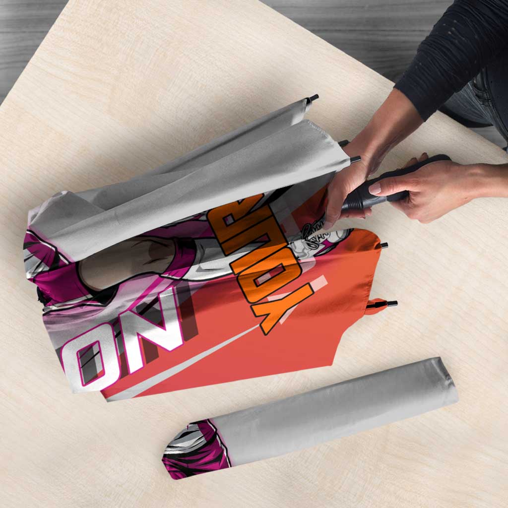 Personalized Nobara Kugisaki Jujutsu Kaisen Umbrella with Pink Orange Gradient and Action Kick Pose