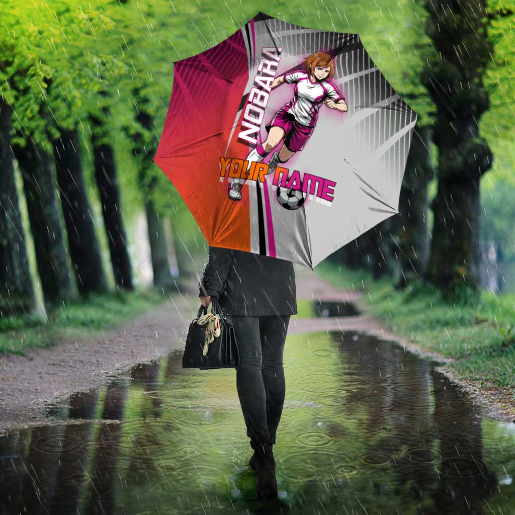 Personalized Nobara Kugisaki Jujutsu Kaisen Umbrella with Pink Orange Gradient and Action Kick Pose