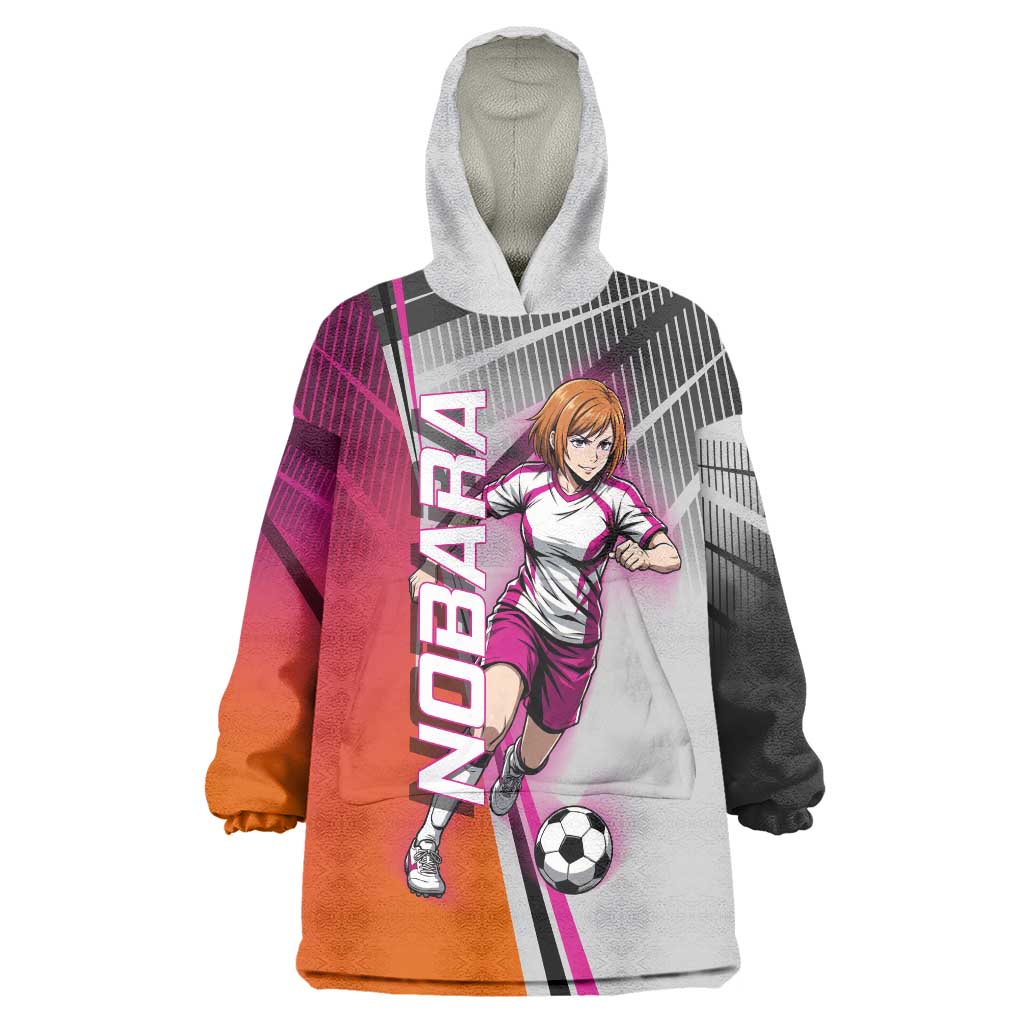 Personalized Nobara Kugisaki Jujutsu Kaisen Wearable Blanket Hoodie with Pink Orange Gradient and Action Kick Pose