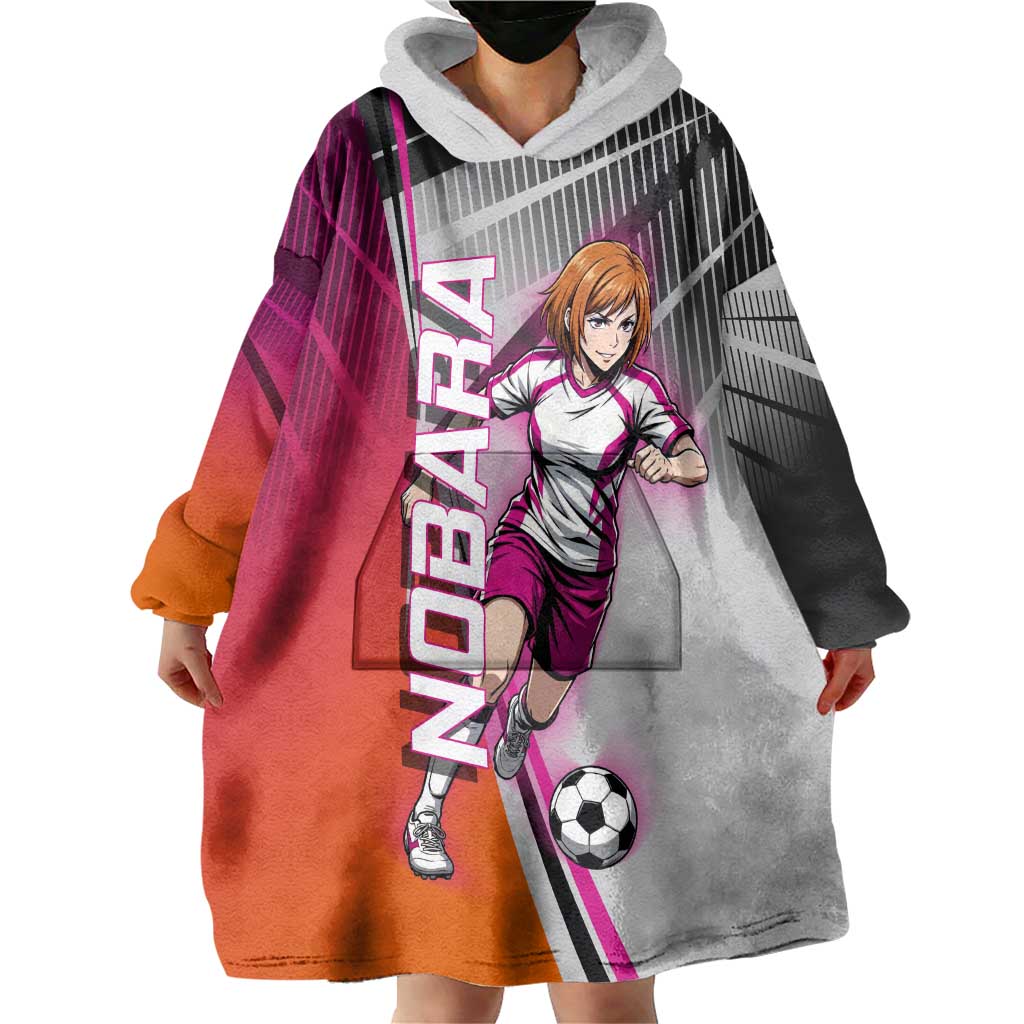 Personalized Nobara Kugisaki Jujutsu Kaisen Wearable Blanket Hoodie with Pink Orange Gradient and Action Kick Pose