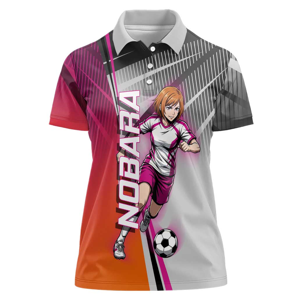 Personalized Nobara Kugisaki Jujutsu Kaisen Women Polo Shirt with Pink Orange Gradient and Action Kick Pose