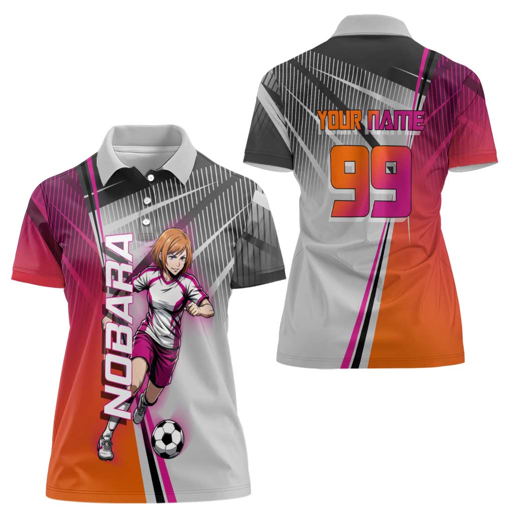 Personalized Nobara Kugisaki Jujutsu Kaisen Women Polo Shirt with Pink Orange Gradient and Action Kick Pose