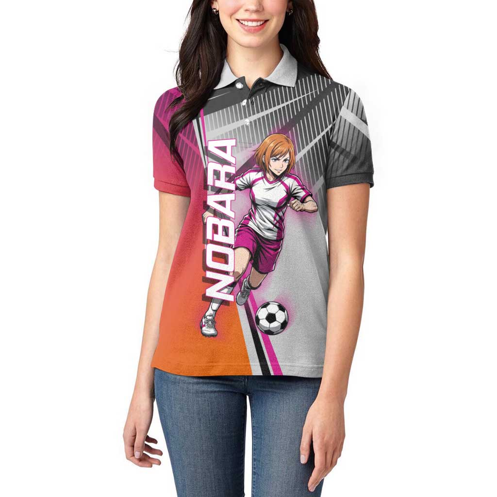 Personalized Nobara Kugisaki Jujutsu Kaisen Women Polo Shirt with Pink Orange Gradient and Action Kick Pose