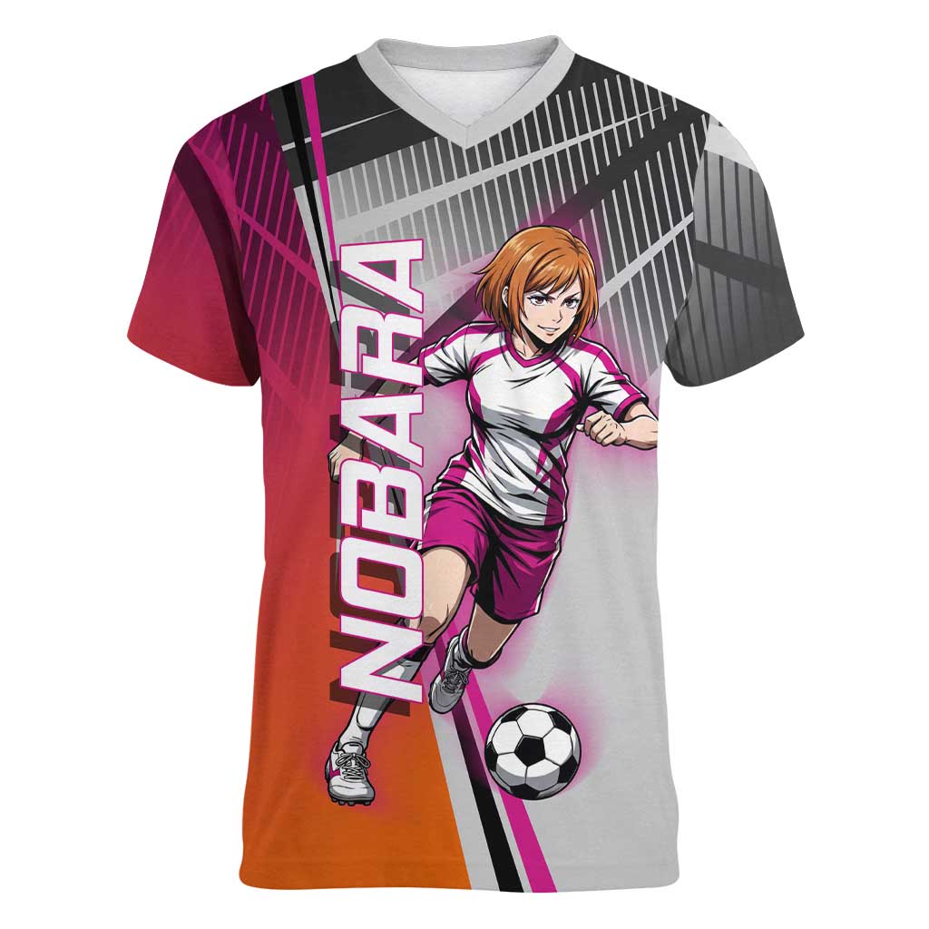 Personalized Nobara Kugisaki Jujutsu Kaisen Women V-Neck T-Shirt with Pink Orange Gradient and Action Kick Pose
