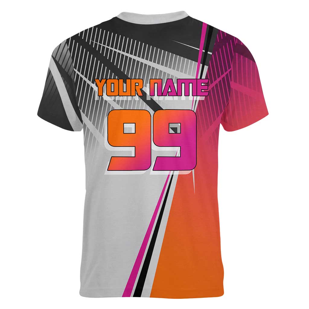 Personalized Nobara Kugisaki Jujutsu Kaisen Women V-Neck T-Shirt with Pink Orange Gradient and Action Kick Pose