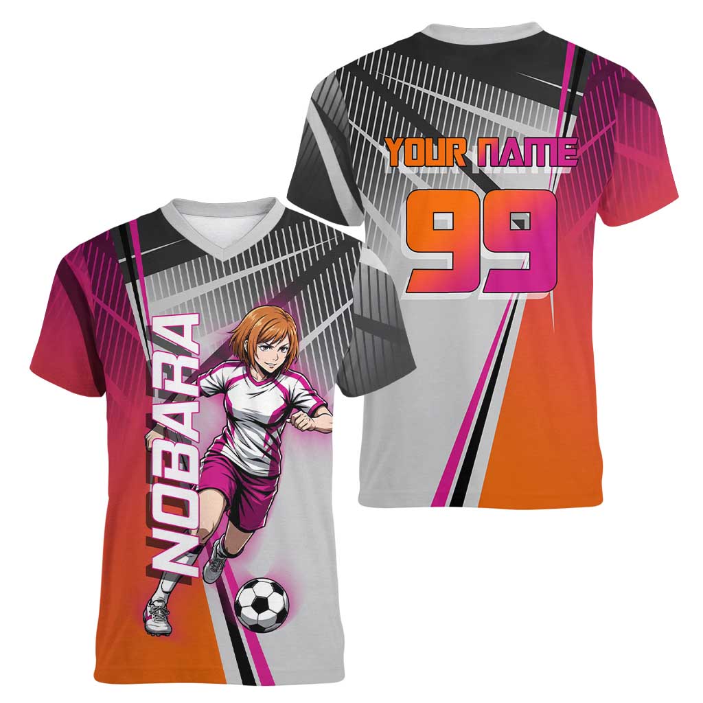Personalized Nobara Kugisaki Jujutsu Kaisen Women V-Neck T-Shirt with Pink Orange Gradient and Action Kick Pose