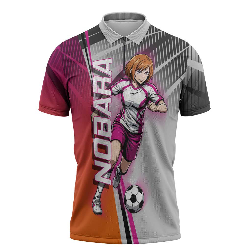 Personalized Nobara Kugisaki Jujutsu Kaisen Zipper Polo Shirt with Pink Orange Gradient and Action Kick Pose