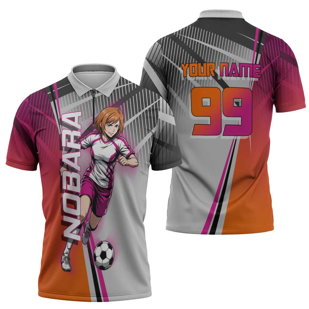 Personalized Nobara Kugisaki Jujutsu Kaisen Zipper Polo Shirt with Pink Orange Gradient and Action Kick Pose