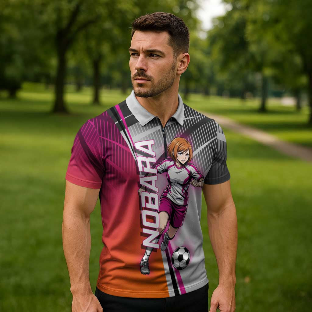 Personalized Nobara Kugisaki Jujutsu Kaisen Zipper Polo Shirt with Pink Orange Gradient and Action Kick Pose