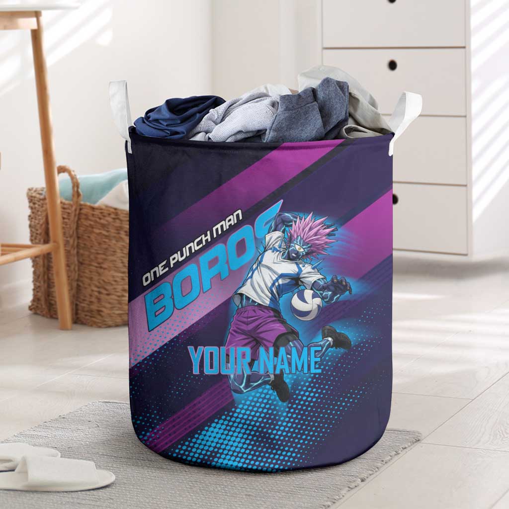 Personalized Boros Volleyball Action Design Laundry Basket With a dynamic sporty style in purple and blue.