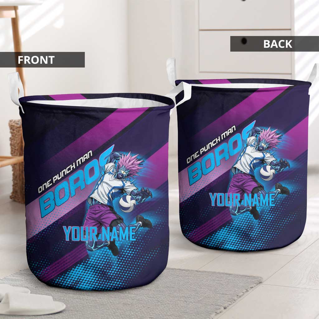 Personalized Boros Volleyball Action Design Laundry Basket With a dynamic sporty style in purple and blue.
