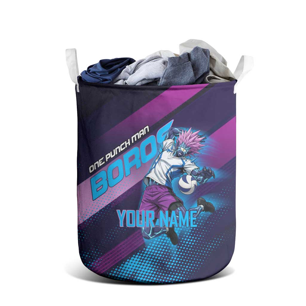 Personalized Boros Volleyball Action Design Laundry Basket With a dynamic sporty style in purple and blue.