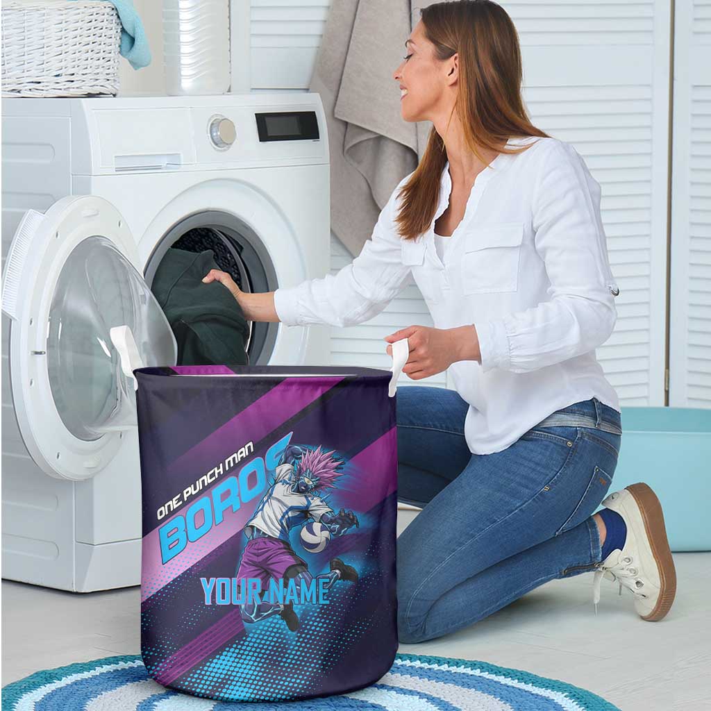 Personalized Boros Volleyball Action Design Laundry Basket With a dynamic sporty style in purple and blue.