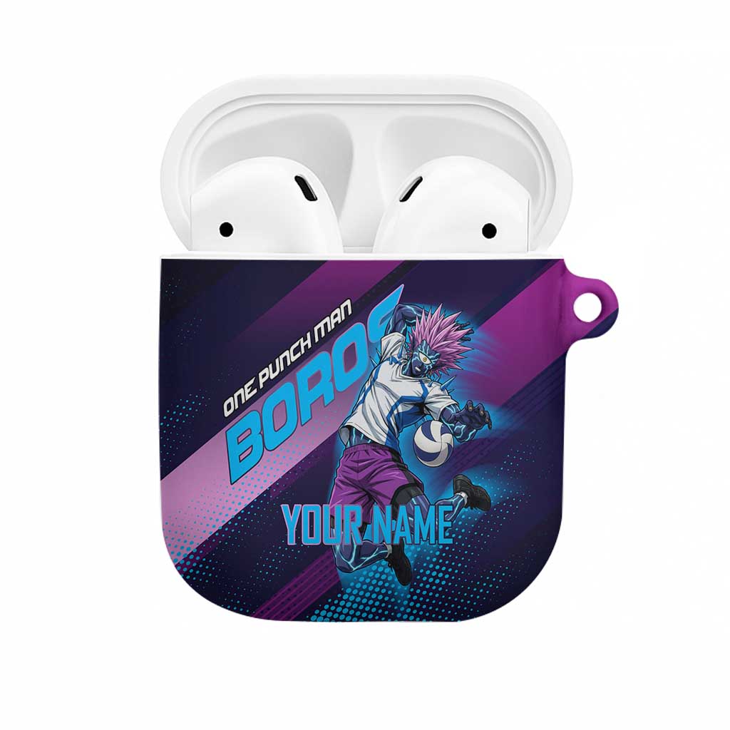 Personalized Boros Volleyball Action Design AirPods Case With a dynamic sporty style in purple and blue.