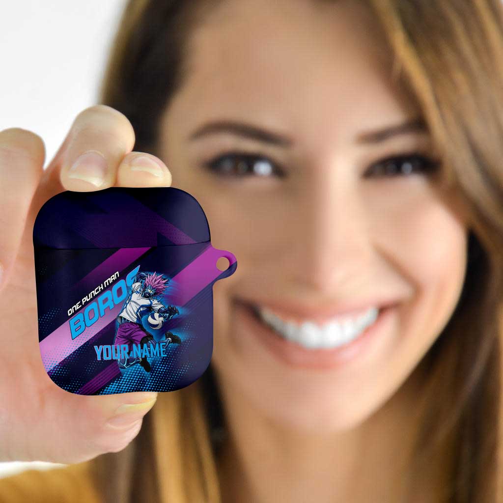 Personalized Boros Volleyball Action Design AirPods Case With a dynamic sporty style in purple and blue.