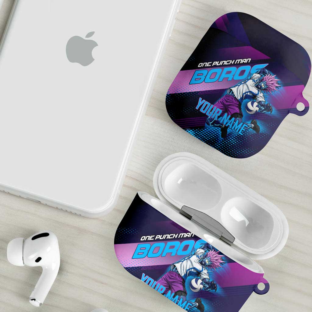 Personalized Boros Volleyball Action Design AirPods Case With a dynamic sporty style in purple and blue.