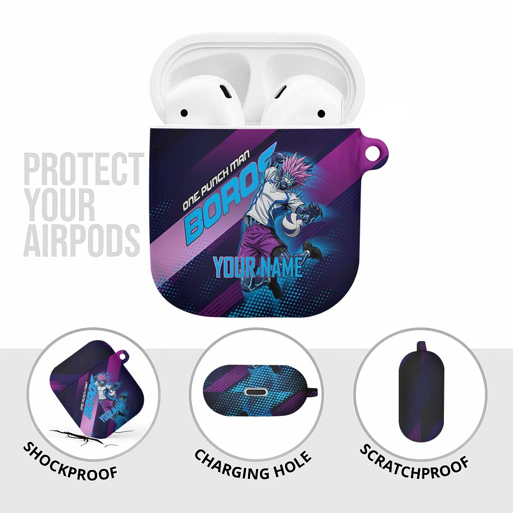 Personalized Boros Volleyball Action Design AirPods Case With a dynamic sporty style in purple and blue.