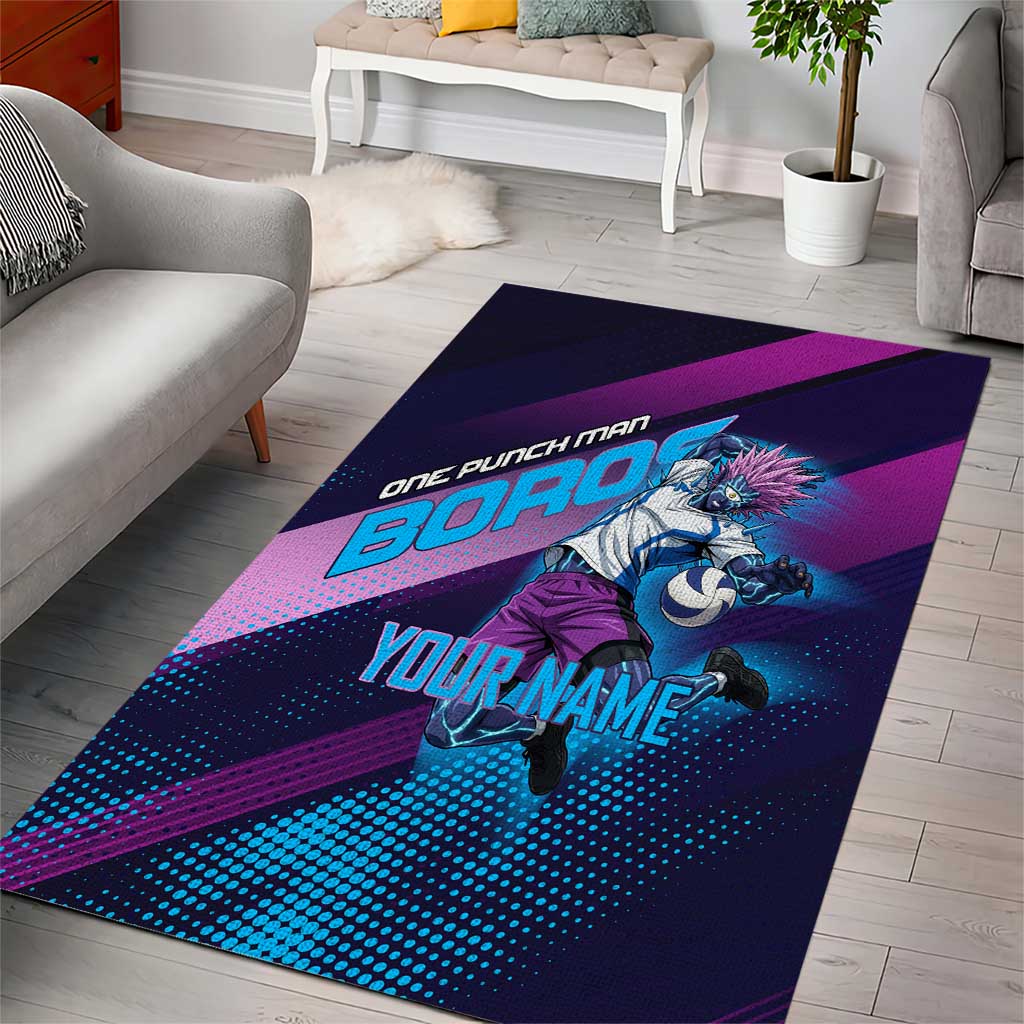 Personalized Boros Volleyball Action Design Area Rug With a dynamic sporty style in purple and blue.